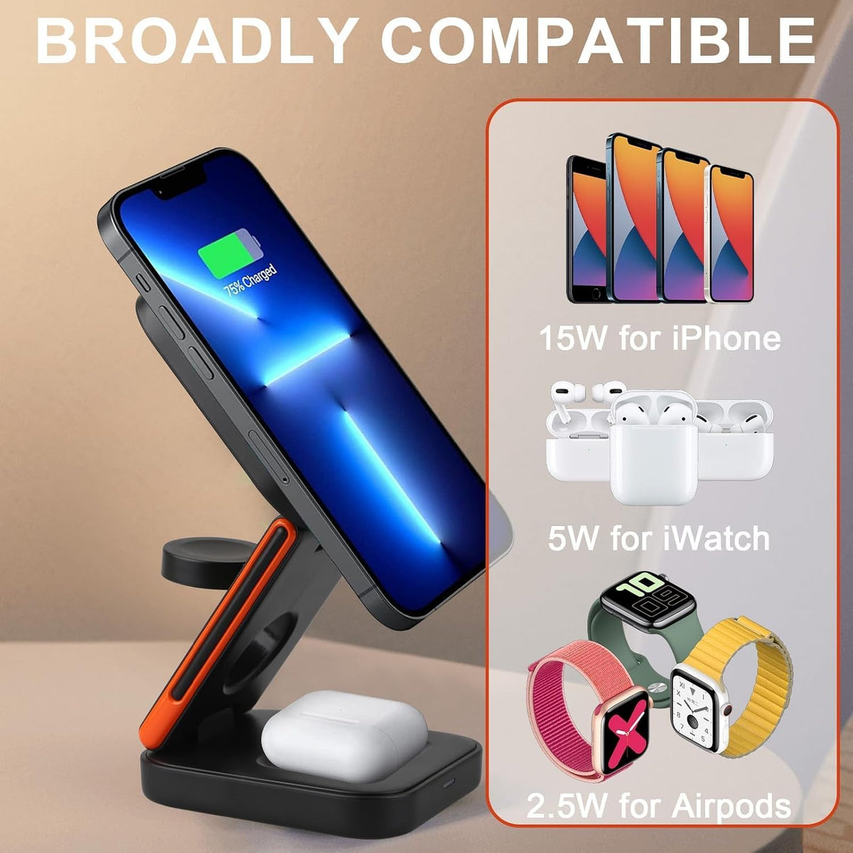 PBILL 3-En-1 Chargeur Sans Fil Pliable 15W Compatible Avec Iphone 17/16/15 Watch