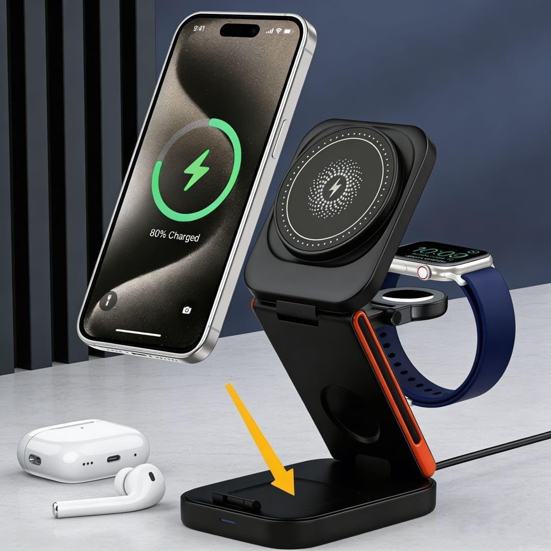 PBILL 3-En-1 Chargeur Sans Fil Pliable 15W Compatible Avec Iphone 17/16/15 Watch