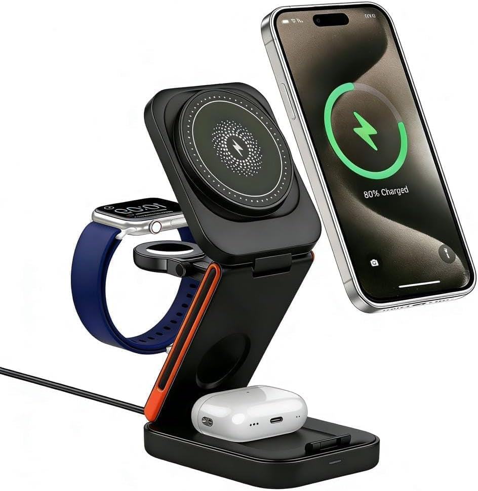 PBILL 3-En-1 Chargeur Sans Fil Pliable 15W Compatible Avec Iphone 17/16/15 Watch