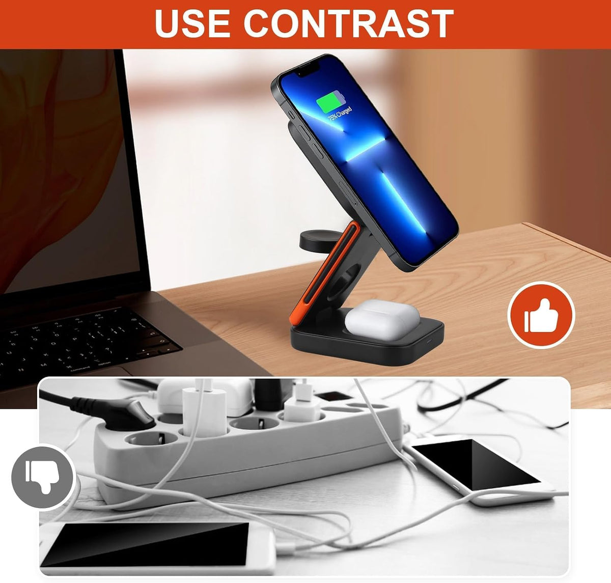 PBILL 3-En-1 Chargeur Sans Fil Pliable 15W Compatible Avec Iphone 17/16/15 Watch
